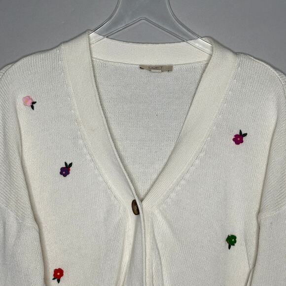Loft L Womens Cream Button Front Cardigan Sweater Floral Applique - Picture 4 of 9